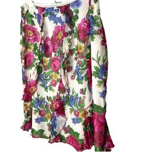 Debra McGuire Ruffle Floral Print Skirt Gold Threads Demure Romantic SZ 12 EUC